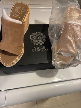 Vince Camuto Tan Suede Woven Wedge Mules